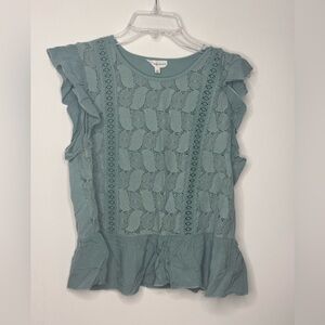 Love and Promises Teal Lace Overlay Peplum Top Size Medium Ruffle Cute Shirt Top